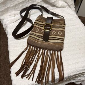 Bohemian Brown Patterned Crossbody Bag with Fringe